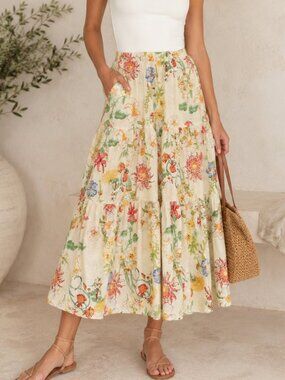 Laura Ashley Linen Blend Floral Tiered Midi Skirt Pockets Cottagecore XS